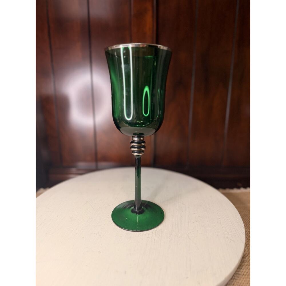 Vintage Bombay Glass Green And Silver Wine Glass Goblet Single Glass
